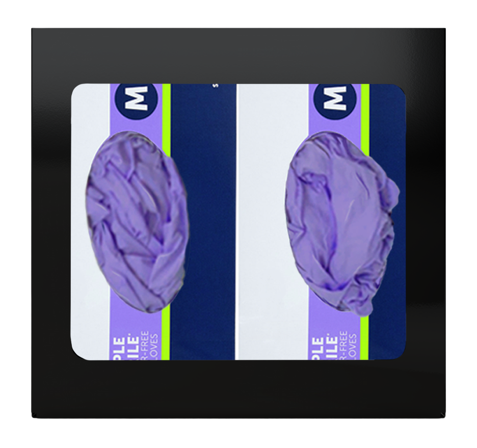 Glove Dispenser. Double, Black Steel, non-divided, wall mount. front facing with 2 boxes of purple exam gloves