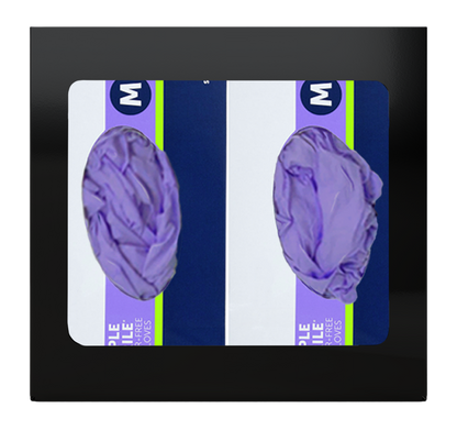 Glove Dispenser. Double, Black Steel, non-divided, wall mount. front facing with 2 boxes of purple exam gloves