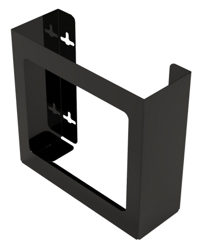 Glove Dispenser. Double, Black Steel, non-divided, wall mount. front facing and angled slighty left, empty