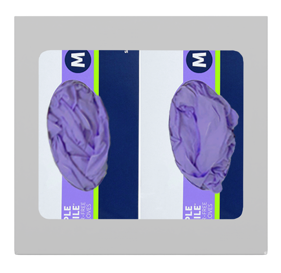 Glove Dispenser. Double, White Steel, non-divided, wall mount. front facing with 2 boxes of purple exam gloves