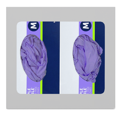 Glove Dispenser. Double, White Steel, non-divided, wall mount. front facing with 2 boxes of purple exam gloves