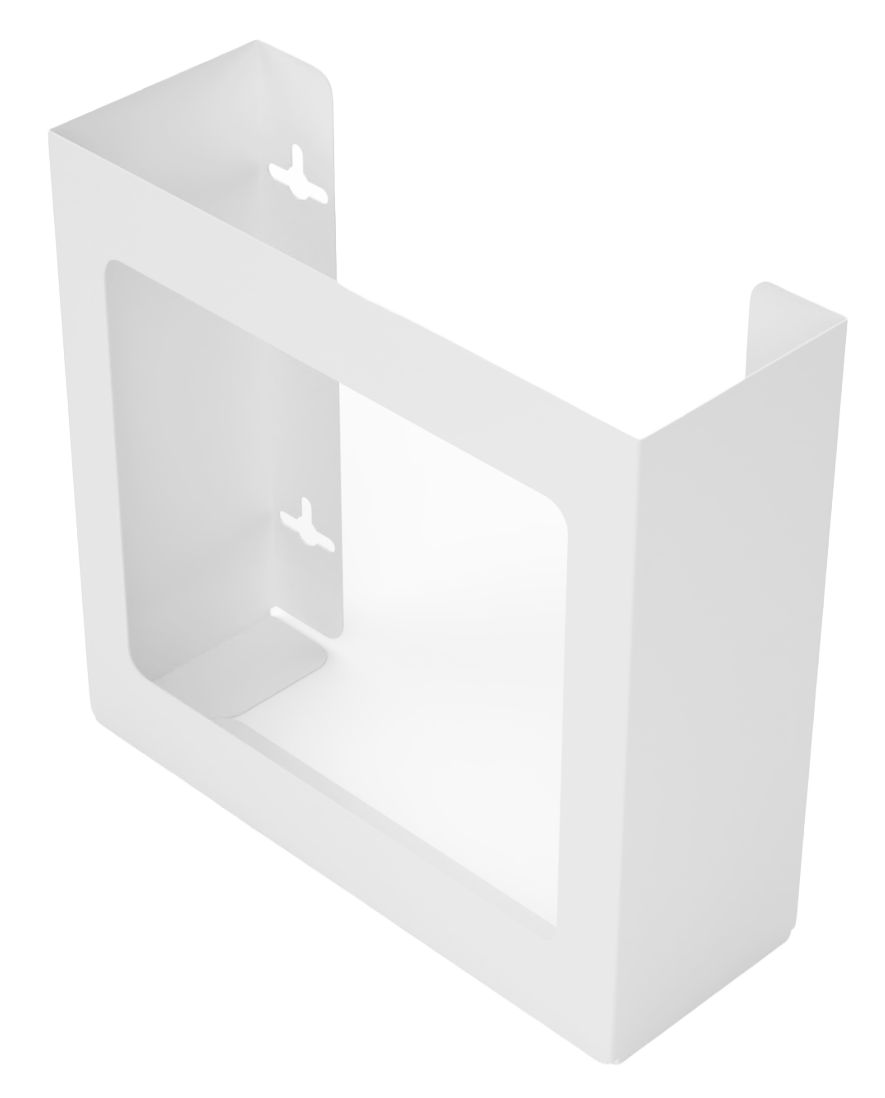 Glove Dispenser. Double, White Steel, non-divided, wall mount. front facing and slightly angled left, empty