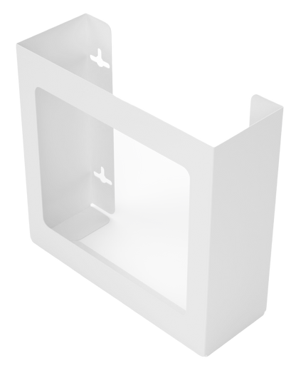 Glove Dispenser. Double, White Steel, non-divided, wall mount. front facing and slightly angled left, empty