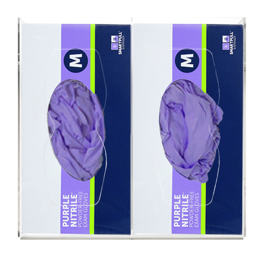 Glove Dispenser. Double, Clear PETG plastic, divided, wall mount with hourglass-shaped cutouts, front facing with 2 boxes of purple exam gloves