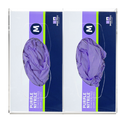 Glove Dispenser. Double, Clear PETG plastic, divided, wall mount with hourglass-shaped cutouts, front facing with 2 boxes of purple exam gloves