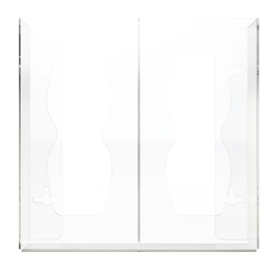Glove Dispenser. Double, Clear PETG plasticl, divided, wall mount with hourglass-shaped cutouts, front facing, empty