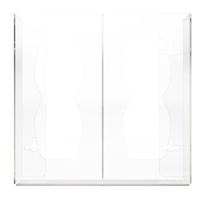 Glove Dispenser. Double, Clear PETG plasticl, divided, wall mount with hourglass-shaped cutouts, front facing, empty