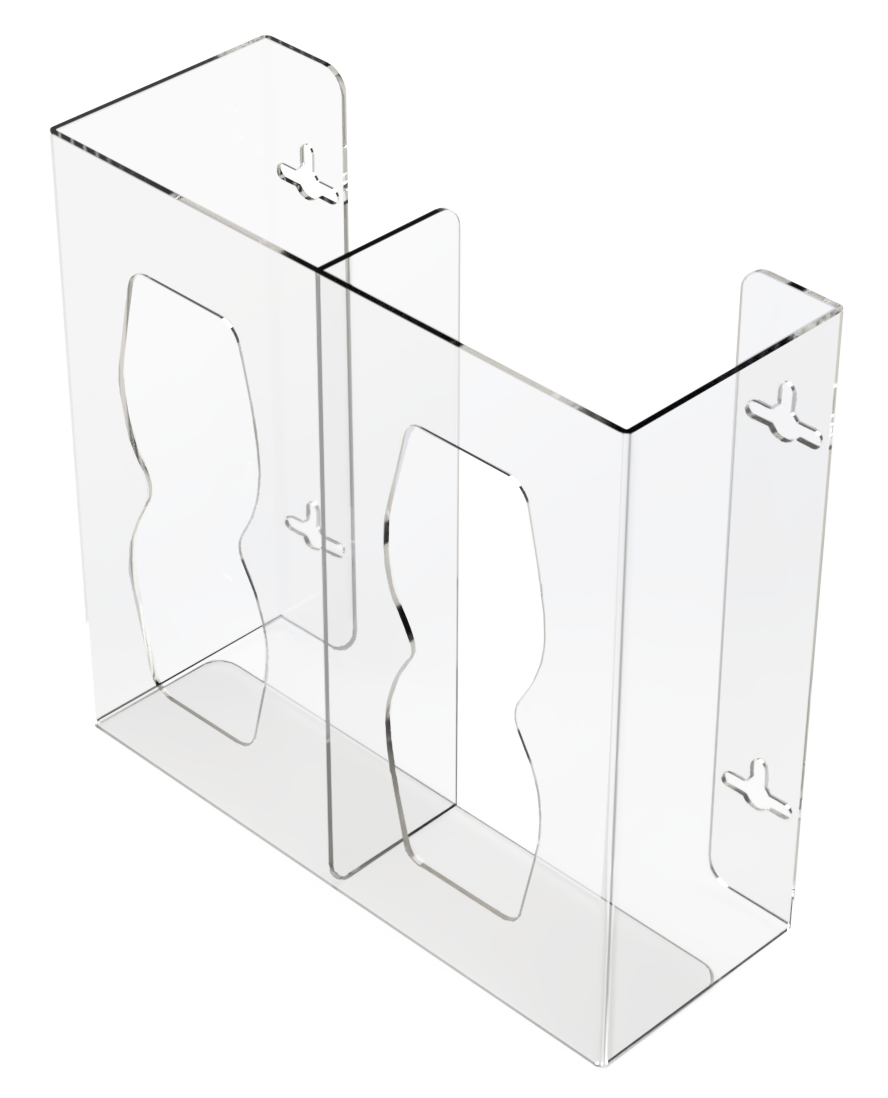 Glove Dispenser. Double, Clear PETG plasticl, divided, wall mount with hourglass-shaped cutouts, front facing and slightly angled left, empty