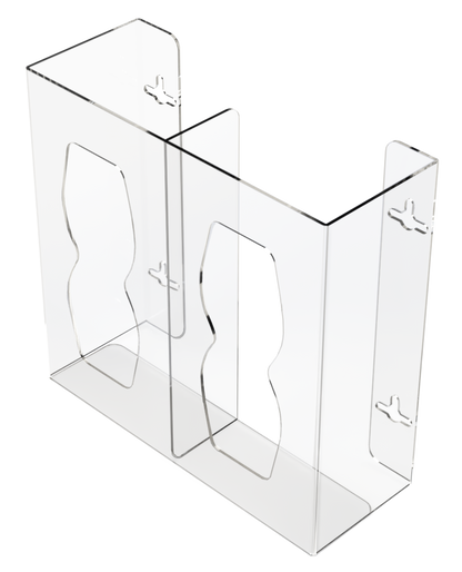 Glove Dispenser. Double, Clear PETG plasticl, divided, wall mount with hourglass-shaped cutouts, front facing and slightly angled left, empty