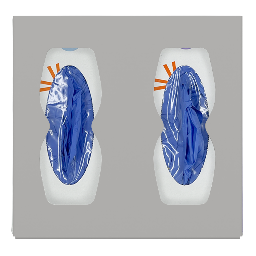 Glove Dispenser, Double, Beige ABS plastic, wall mount, divided with hourglass cutouts for dispensing. Front facing, horizontal, filled with 2 different sized boxes of blue exam gloves