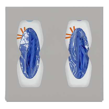Glove Dispenser, Double, Beige ABS plastic, wall mount, divided with hourglass cutouts for dispensing. Front facing, horizontal, filled with 2 different sized boxes of blue exam gloves