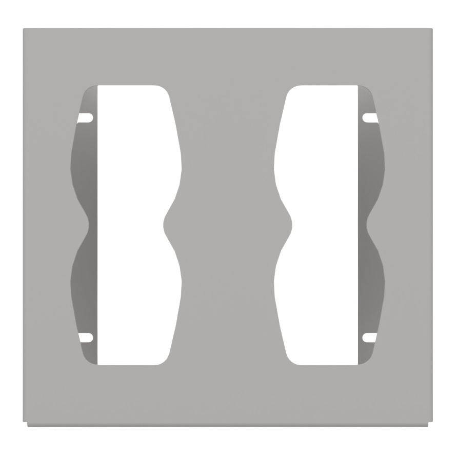 Glove Dispenser, Double, Beige ABS plastic, wall mount, divided with hourglass cutouts for dispensing. Front facing, horizontal, empty