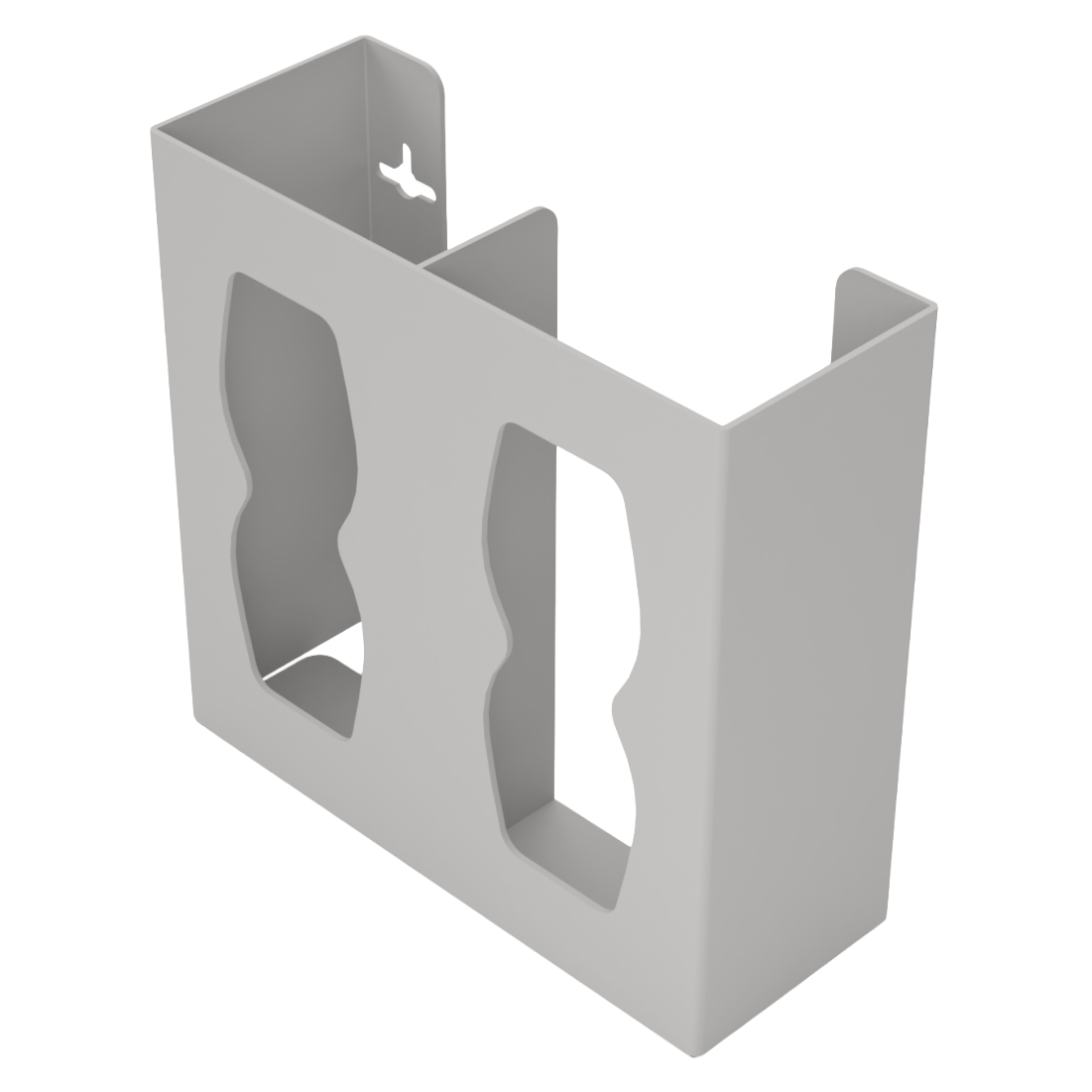 Glove Dispenser, Double, Beige ABS plastic, wall mount, divided with hourglass cutouts for dispensing. Front facing, horizontal, angled slightly left to view divider