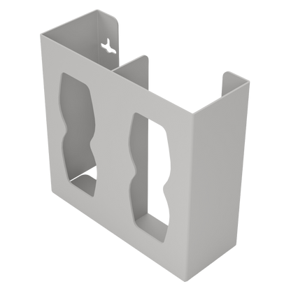 Glove Dispenser, Double, Beige ABS plastic, wall mount, divided with hourglass cutouts for dispensing. Front facing, horizontal, angled slightly left to view divider