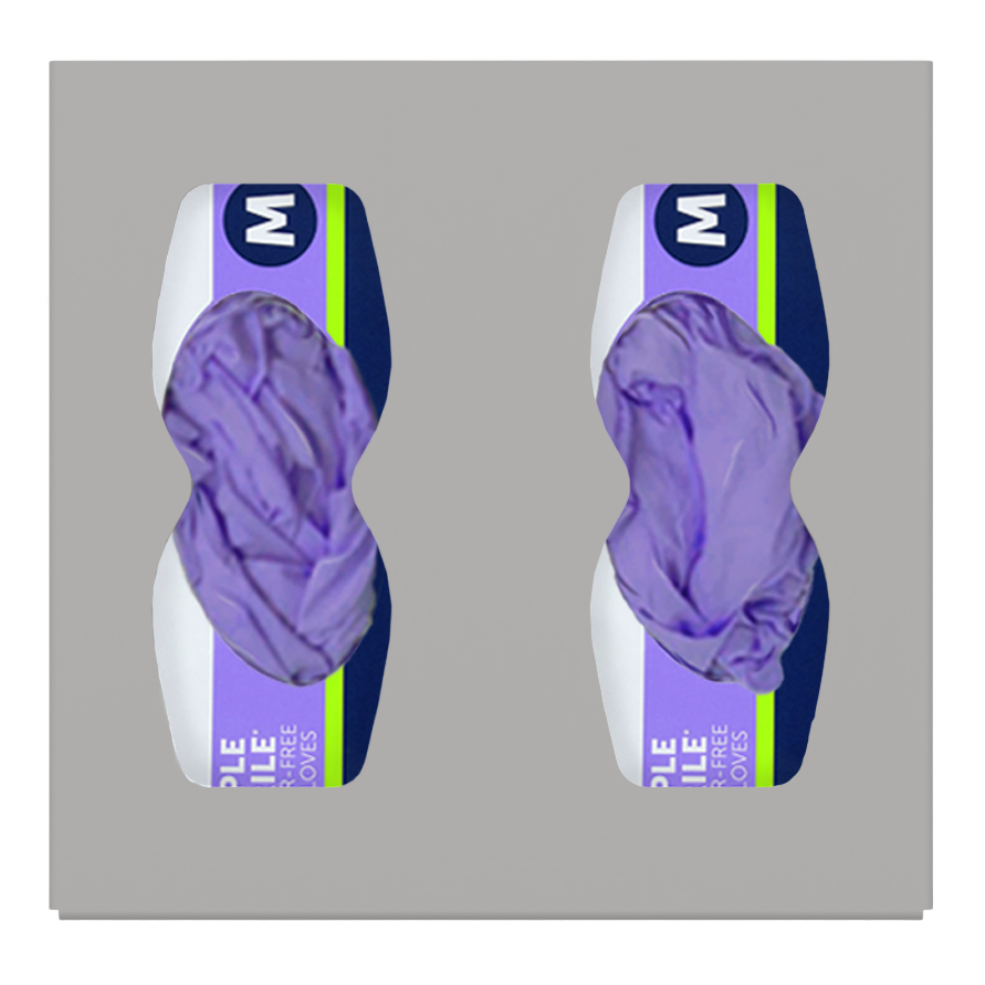 Glove Dispenser, Double, Beige ABS plastic, wall mount, divided with hourglass cutouts for dispensing. Front facing, horizontal, filled with 2 boxes of purple exam gloves