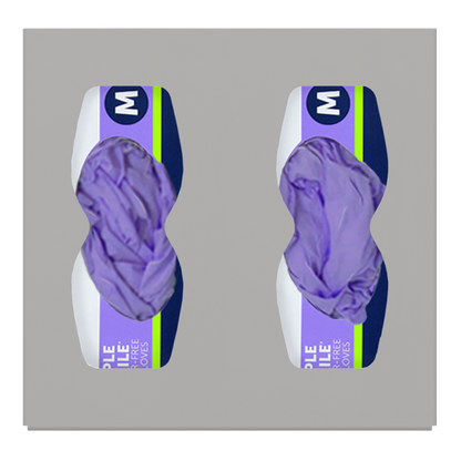 Glove Dispenser, Double, Beige ABS plastic, wall mount, divided with hourglass cutouts for dispensing. Front facing, horizontal, filled with 2 boxes of purple exam gloves