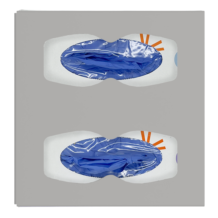 Glove Dispenser, Double, Beige ABS plastic, wall mount, divided with hourglass cutouts for dispensing. Front facing, vertical, filled with 2 different sized boxes of blue exam gloves