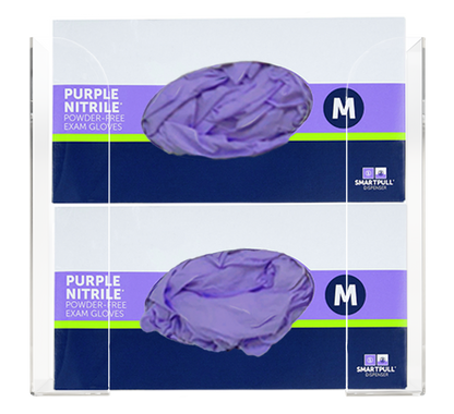 Glove Dispenser. Clear PETG plastic, Double, wall mount, non-divided, vertical stackable glove dispenser, front facing with 2 boxes of purple exam gloves