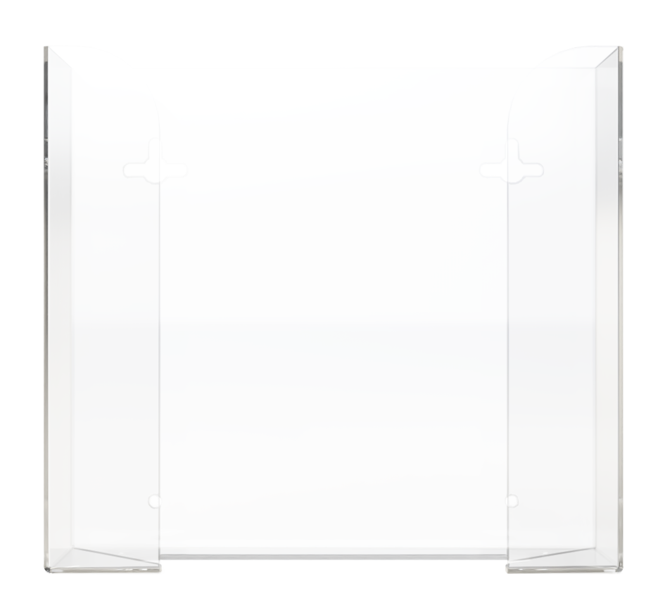 Glove Dispenser. Clear PETG plastic, Double, wall mount, non-divided, vertical stackable glove dispenser, front facing, empty