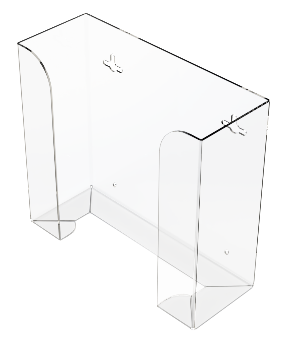 Glove Dispenser. Clear PETG plastic, Double, wall mount, non-divided, vertical stackable glove dispenser, front facing slightly angled left.