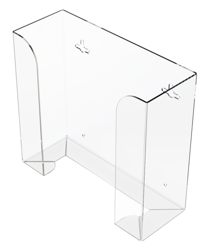 Glove Dispenser. Clear PETG plastic, Double, wall mount, non-divided, vertical stackable glove dispenser, front facing slightly angled left.