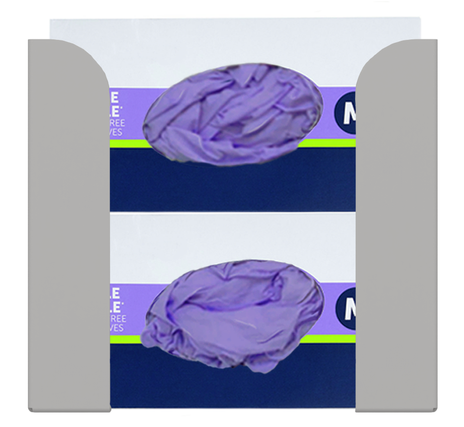 Glove Dispenser. Beige ABS plastic, Double, wall mount, non-divided, vertical stackable glove dispenser, front facing with 2 boxes of purple exam gloves