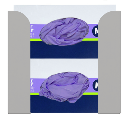 Glove Dispenser. Beige ABS plastic, Double, wall mount, non-divided, vertical stackable glove dispenser, front facing with 2 boxes of purple exam gloves