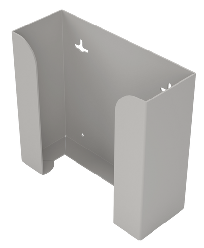 Glove Dispenser. Beige ABS Plastic, Double, wall mount, non-divided, vertical stackable glove dispenser, front facing and angled slightly left, vertical. Empty. 