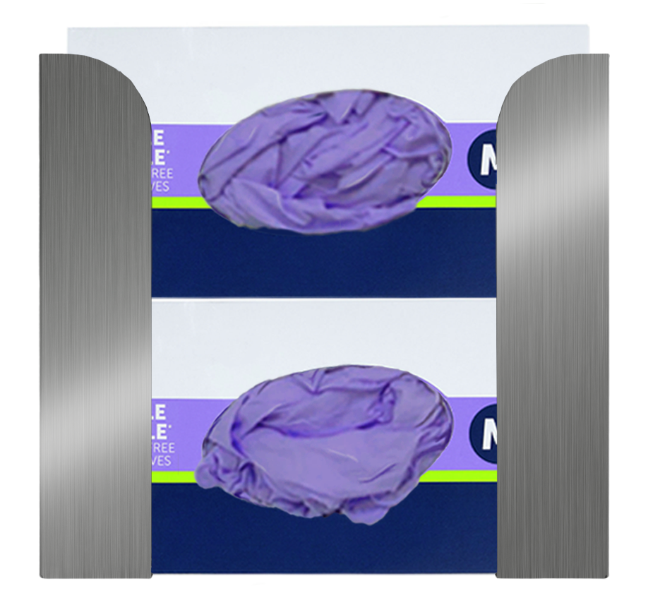 Glove Dispenser. Stainless Steel, Double, wall mount, non-divided, vertical stackable glove dispenser, front facing with 2 boxes of purple exam gloves