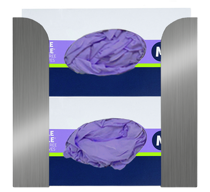 Glove Dispenser. Stainless Steel, Double, wall mount, non-divided, vertical stackable glove dispenser, front facing with 2 boxes of purple exam gloves