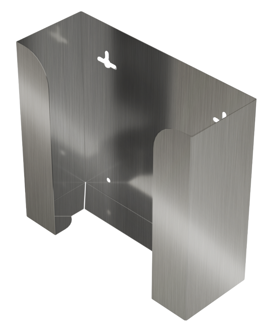 Glove Dispenser. Stainless Steel, Double, wall mount, non-divided, vertical stackable glove dispenser, front facing and angled slightly left, empty.  