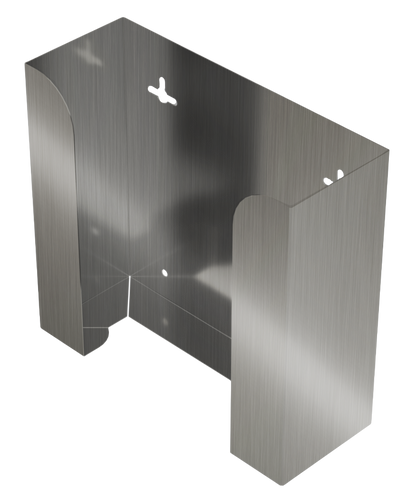 Glove Dispenser. Stainless Steel, Double, wall mount, non-divided, vertical stackable glove dispenser, front facing and angled slightly left, empty.  