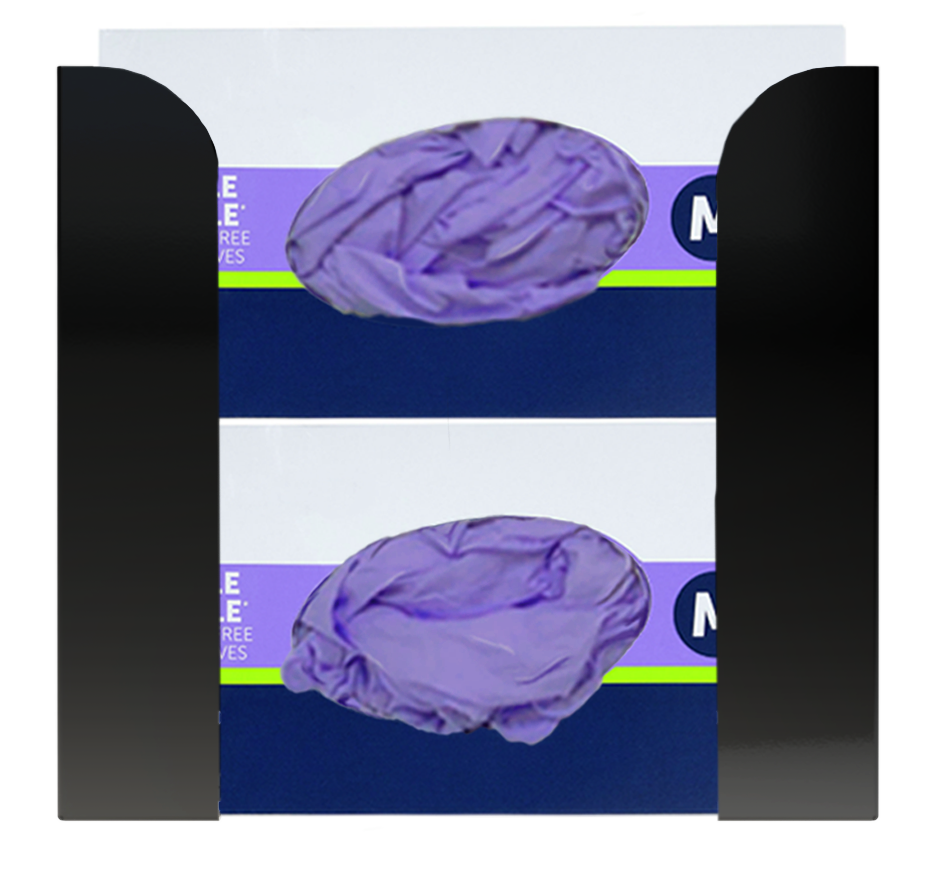Glove Dispenser. Black Steel, Double, wall mount, non-divided, vertical stackable glove dispenser, front facing with 2 boxes of purple exam gloves