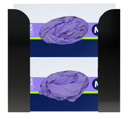 Glove Dispenser. Black Steel, Double, wall mount, non-divided, vertical stackable glove dispenser, front facing with 2 boxes of purple exam gloves
