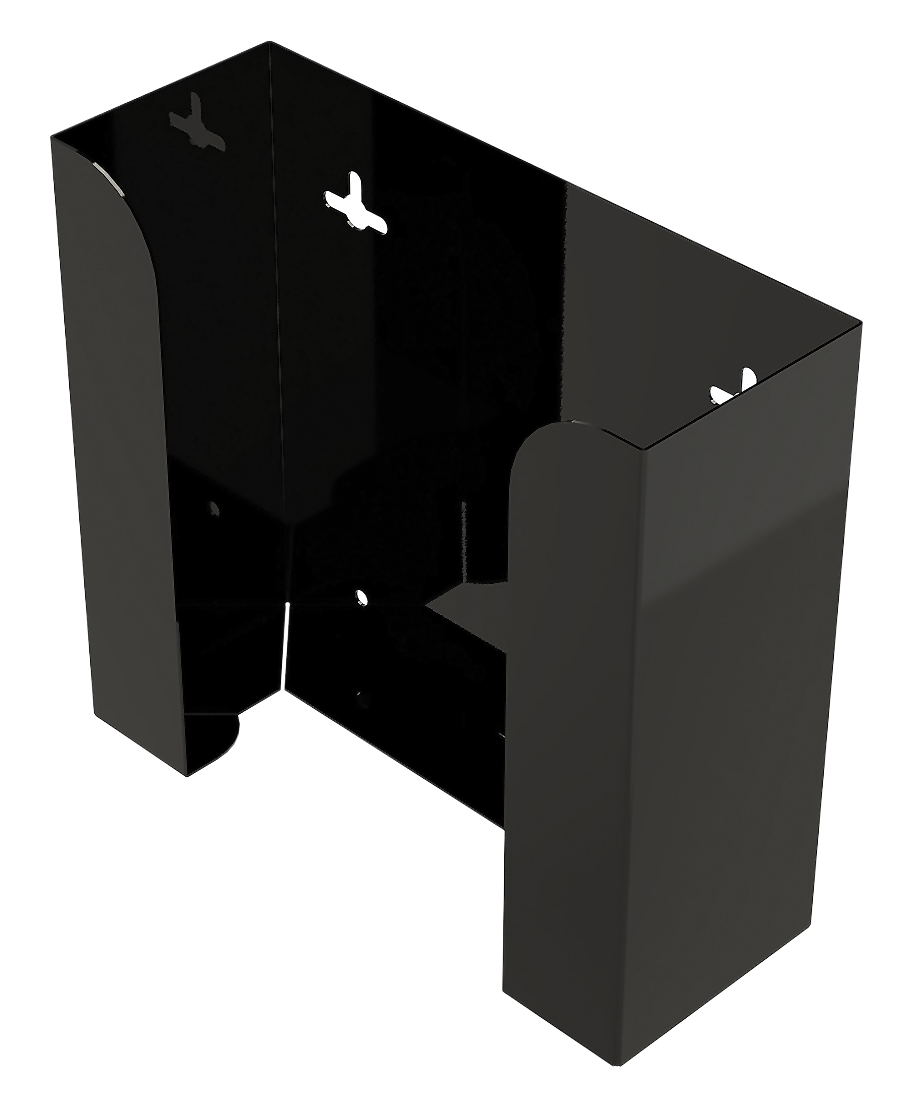 Glove Dispenser. Black Steel, Double, wall mount, non-divided, vertical stackable glove dispenser, front facing and slightly angled left, empty