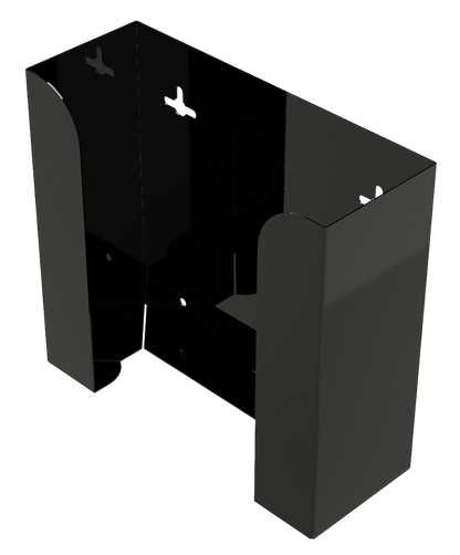 Glove Dispenser. Black Steel, Double, wall mount, non-divided, vertical stackable glove dispenser, front facing and slightly angled left, empty