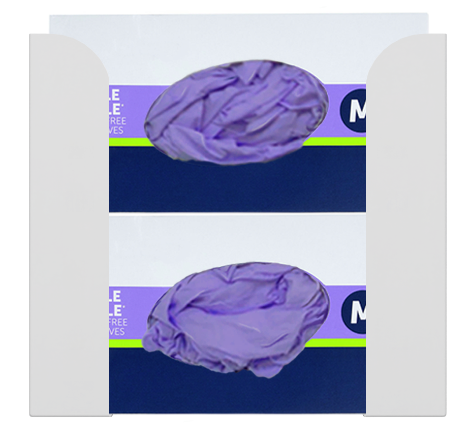 Glove Dispenser. White Steel, Double, wall mount, non-divided, vertical stackable glove dispenser, front facing with 2 boxes of purple exam gloves