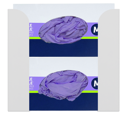Glove Dispenser. White Steel, Double, wall mount, non-divided, vertical stackable glove dispenser, front facing with 2 boxes of purple exam gloves