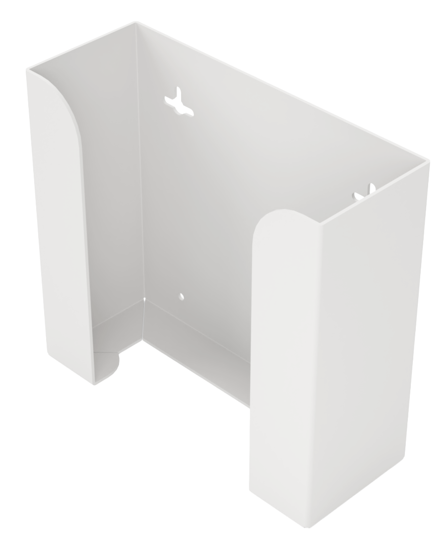 Glove Dispenser. White Steel, Double, wall mount, non-divided, vertical stackable glove dispenser, front facing slightly angled left, empty