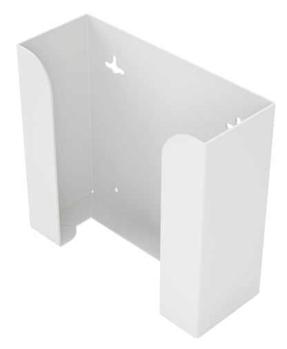 Glove Dispenser. White Steel, Double, wall mount, non-divided, vertical stackable glove dispenser, front facing slightly angled left, empty