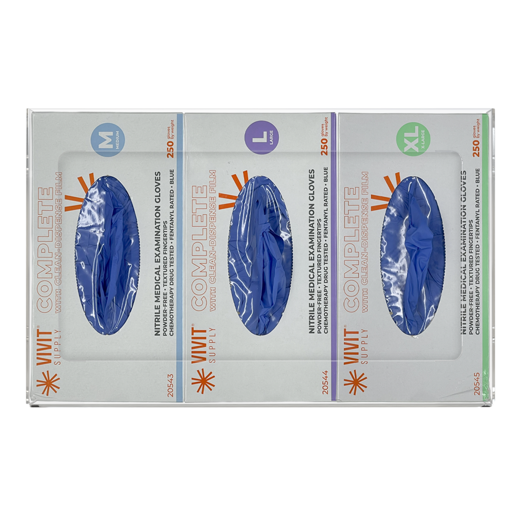 Glove Dispenser. Triple, Clear PETG Plastic, non-divided, wall mount. front facing, horizontal with 3 boxes of blue exam gloves