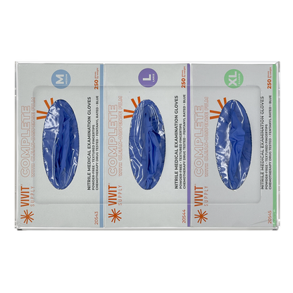 Glove Dispenser. Triple, Clear PETG Plastic, non-divided, wall mount. front facing, horizontal with 3 boxes of blue exam gloves