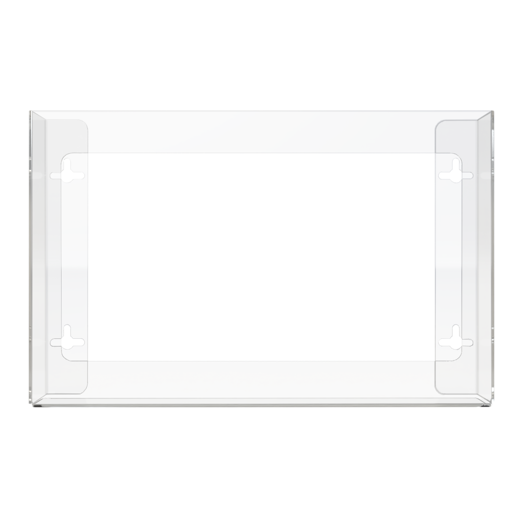 Glove Dispenser. Triple, Clear PETG plastic, non-divided, wall mount. front facing, empty.