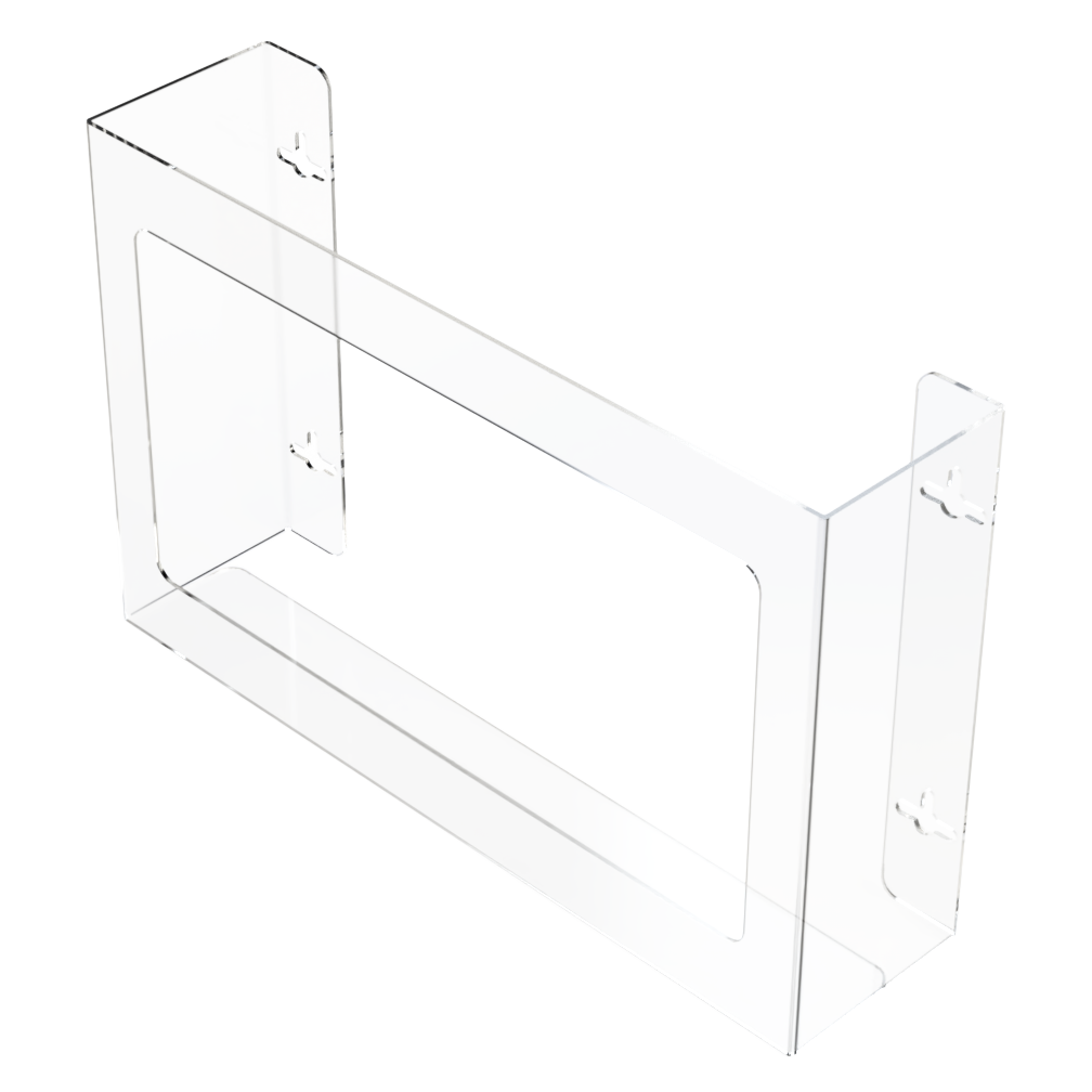 Glove Dispenser. Triple, Clear PETG plastic, non-divided, wall mount. front facing and angled slightly left, empty.