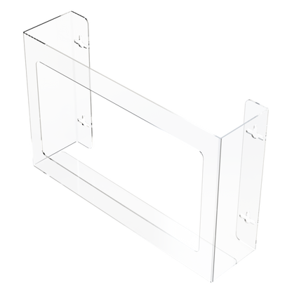 Glove Dispenser. Triple, Clear PETG plastic, non-divided, wall mount. front facing and angled slightly left, empty.