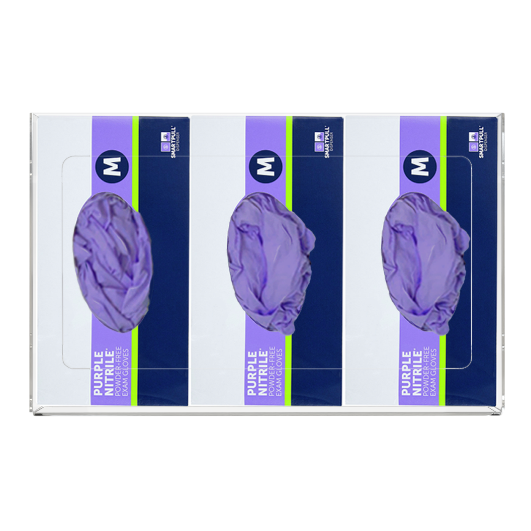 Glove Dispenser. Triple, Clear PETG plastic, non-divided, wall mount. front facing, horizontal with 3 boxes of purple exam gloves