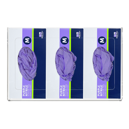 Glove Dispenser. Triple, Clear PETG plastic, non-divided, wall mount. front facing, horizontal with 3 boxes of purple exam gloves