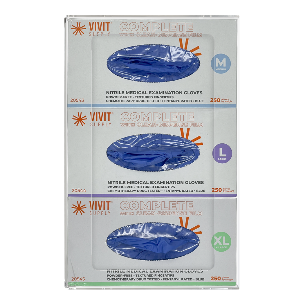 Glove Dispenser. Triple, Clear PETG Plastic, non-divided, wall mount with large cutout for dispensing. front facing, vertical with 3 boxes of blue exam gloves