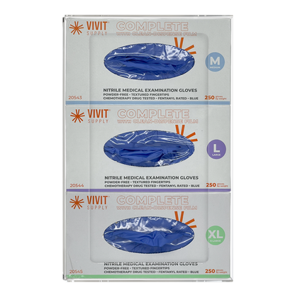 Glove Dispenser. Triple, Clear PETG Plastic, non-divided, wall mount with large cutout for dispensing. front facing, vertical with 3 boxes of blue exam gloves