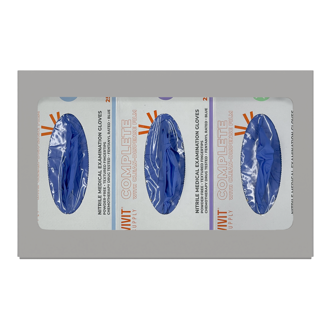 Glove Dispenser. Triple, Beige ABS Plastic, non-divided, wall mount. front facing, horizontal with 3 boxes of blue exam gloves